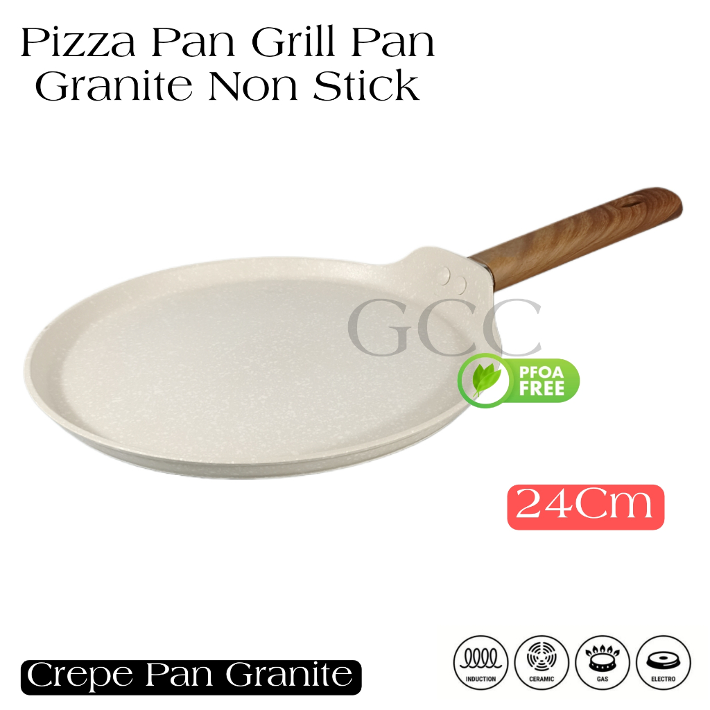 Wajan Pizza Frying Pan Crepes Granite 24cm - Anti Lengket, Bebas BPA , Gagang Kayu Elegan