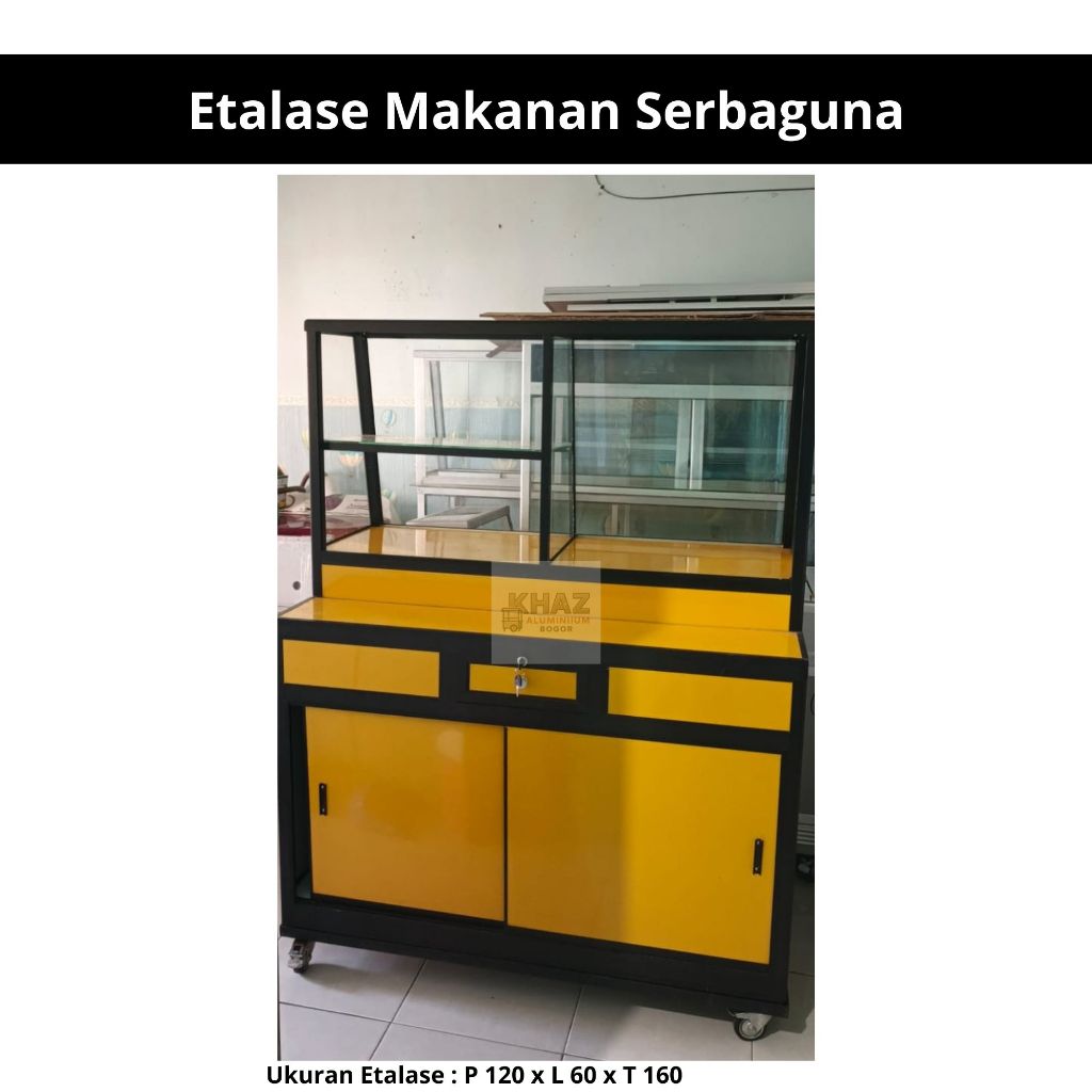 Etalase Serbaguna Aluminium + Kaca Sliding | Etalase Kuning Jualan Kue, Snack, Makanan