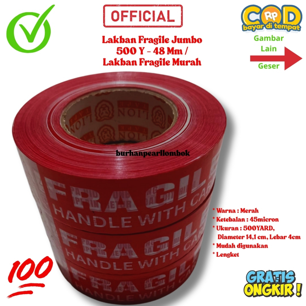 

Lakban Fragile Merah 2”Inch (48mm X 500 Yard) Lakban Opp / Isolasi Opp Fragile Video Unboxing