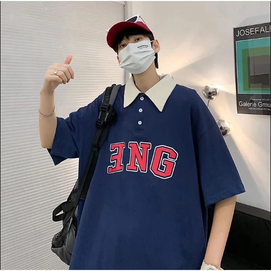 (S - XXXXXXL) Kaos Polo Kerah ENG jumbo pria wanita Navy Beige Bigsize