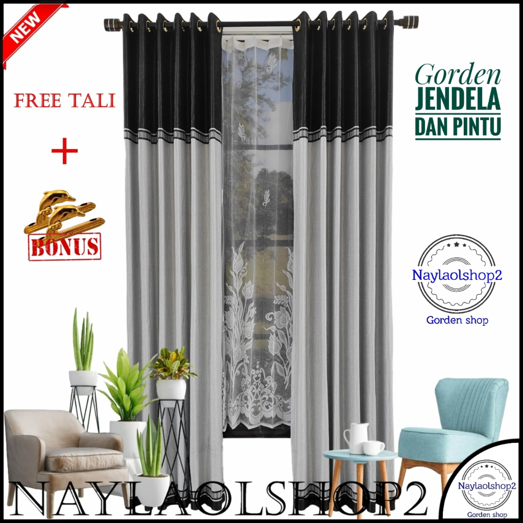 Gorden pintu dan jendela kamar bahan blackout import model smokring kombinasi warna abu hitam