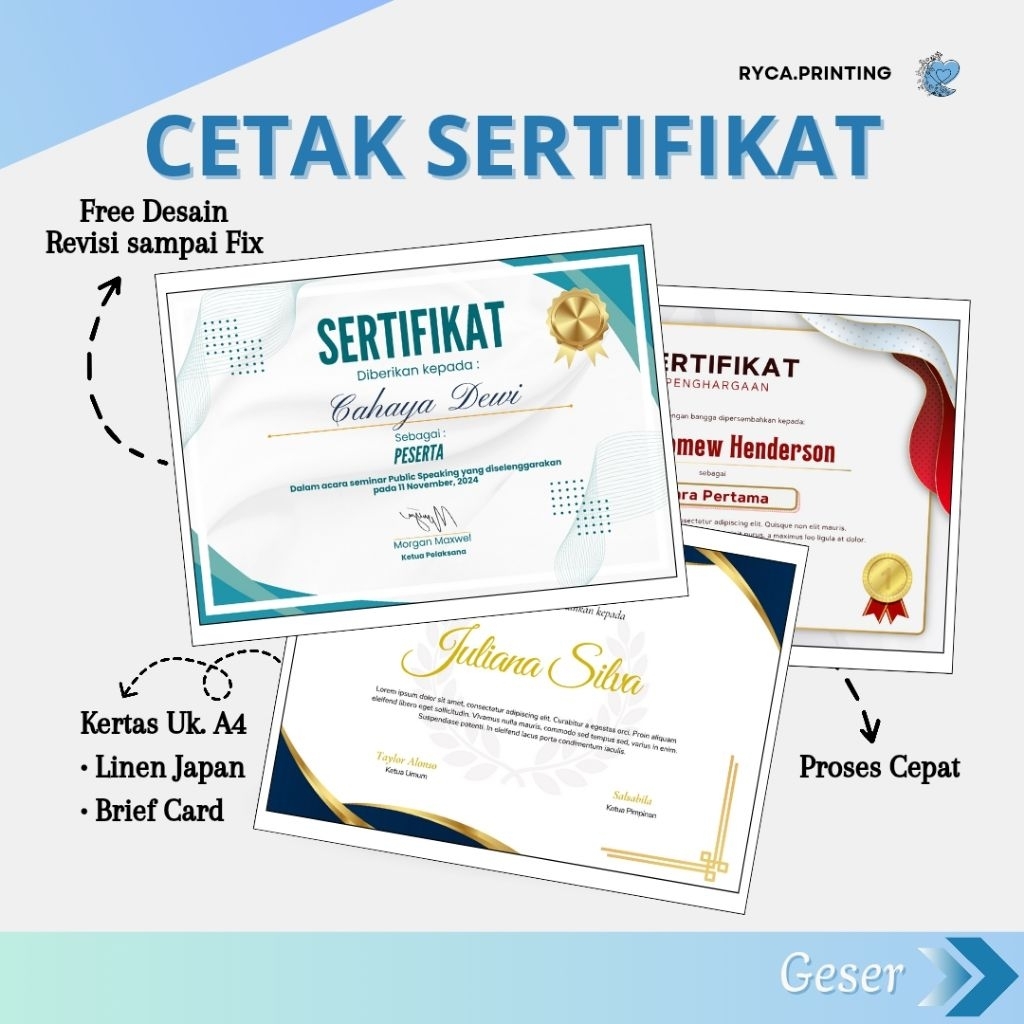 

CETAK SERTIFIKAT / PIAGAM PENGHARGAAN A4 BERKUALITAS, MURAH DAN CEPAT