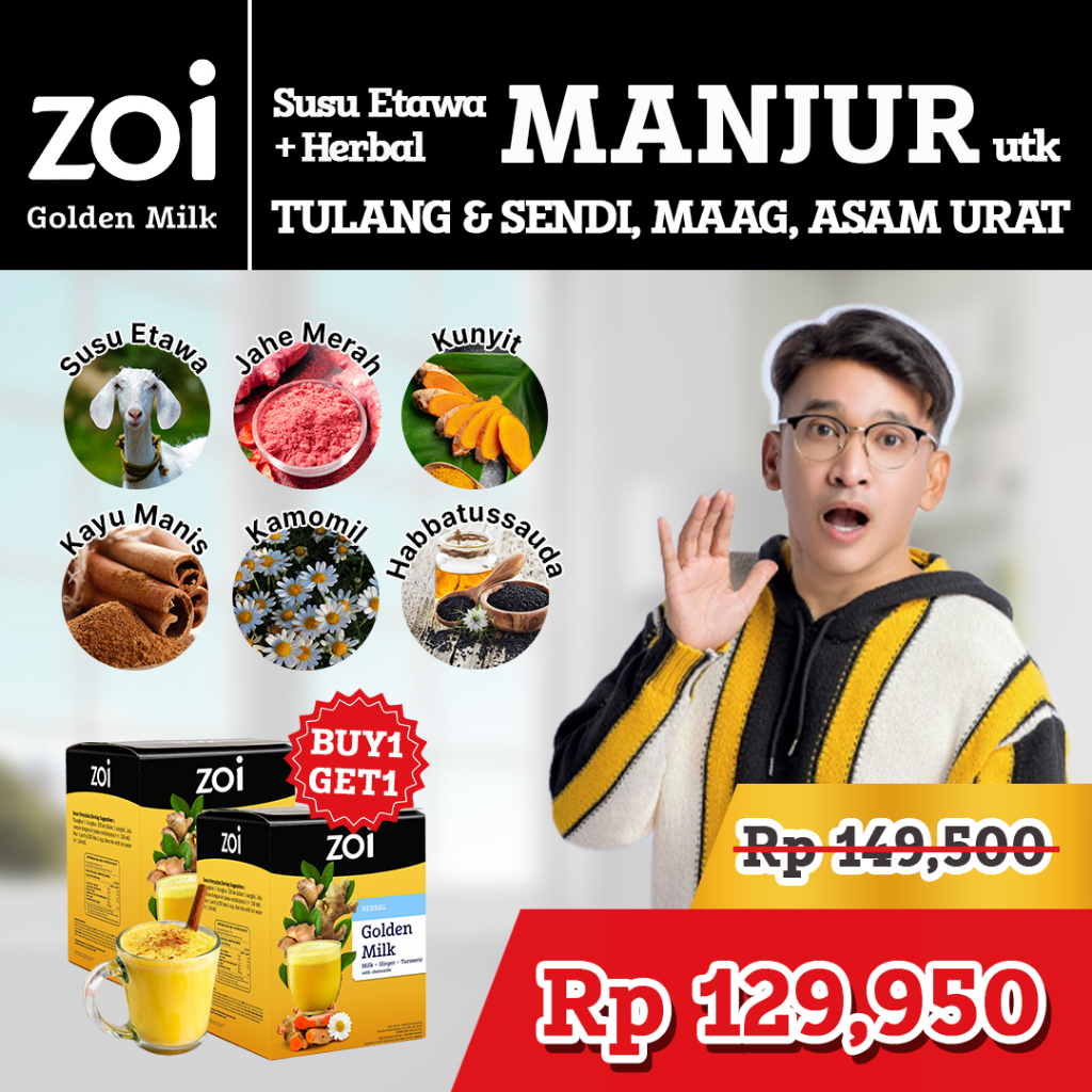

[ZOI X Ruben Onsu] Beli 1 Box Dapat 2 Box Zoi Golden Milk Susu Herbal Susu Sehat Susu Kambing, Jahe, Kunyit Isi 20 Sachet