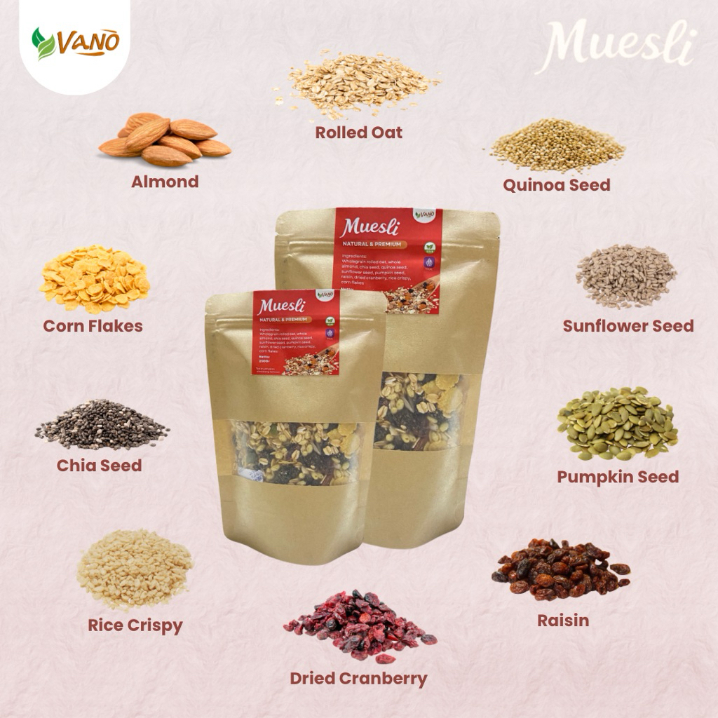 

Muesli Fruit & seed Vano Sereal untuk diet Sarapan sehat dan praktis bergizi Natural Healty Premium