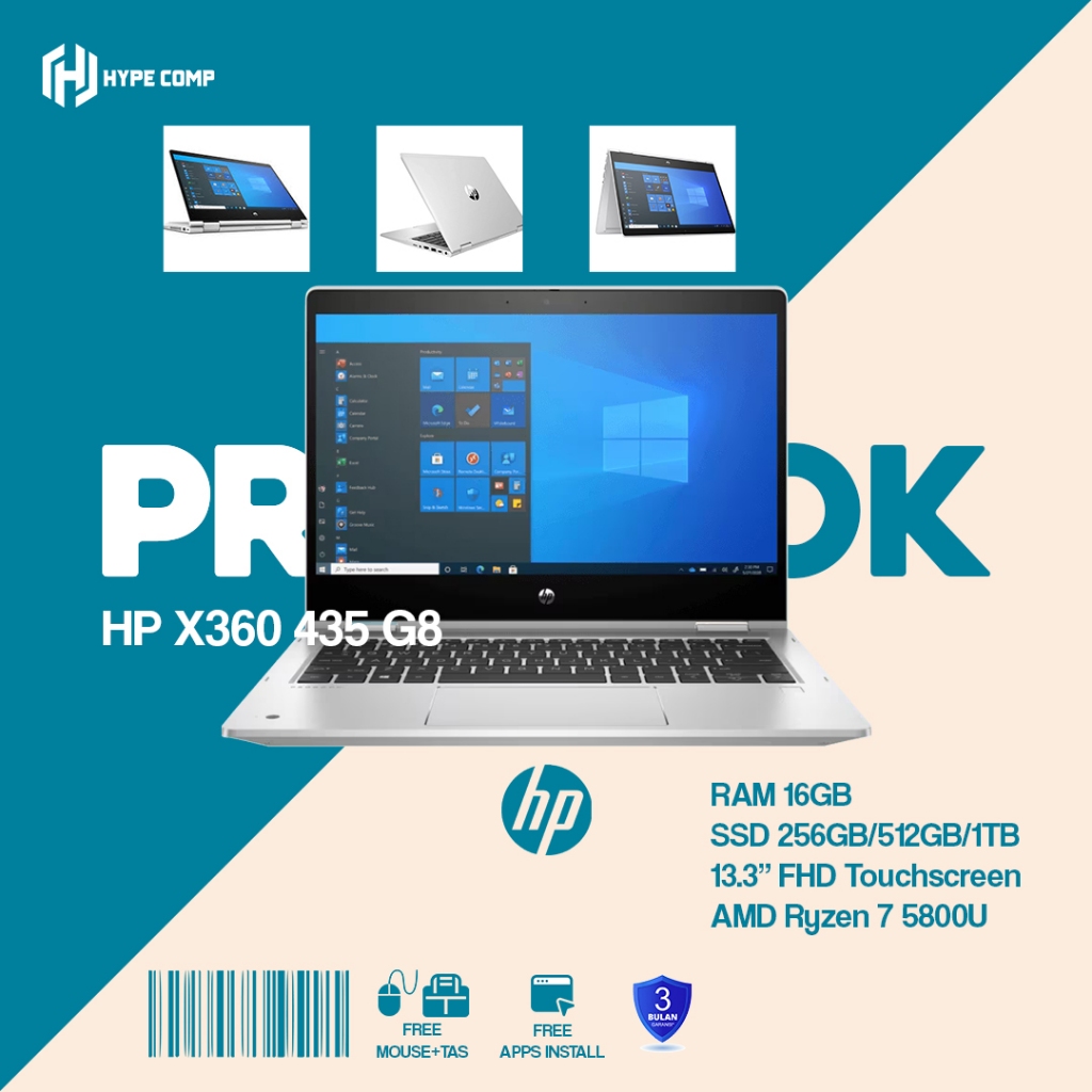 Laptop HP Probook X360 435 G8 AMD Ryzen 7 5800U RAM 16GB SSD 256GB/512GB/1TB Bergaransi