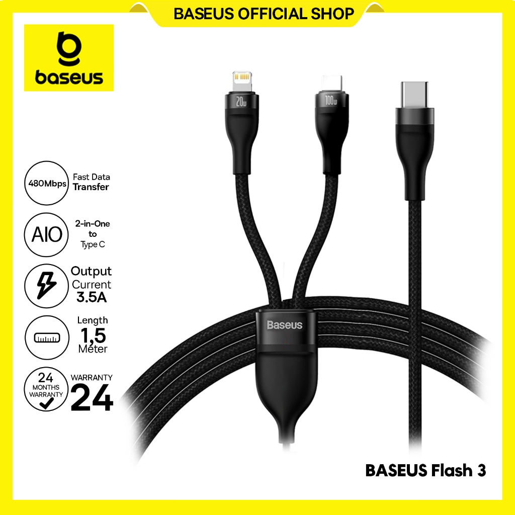 Baseus Flash Kabel Data 3 Series 2 in 1 Fast Charging Data Cable Type-C to L+C 100W 1.5m