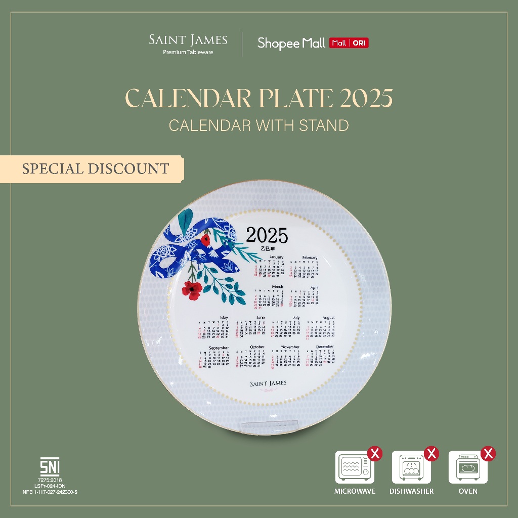 

Saint James Calendar Plate 2025 - Kalender Piring 2025 with Stand