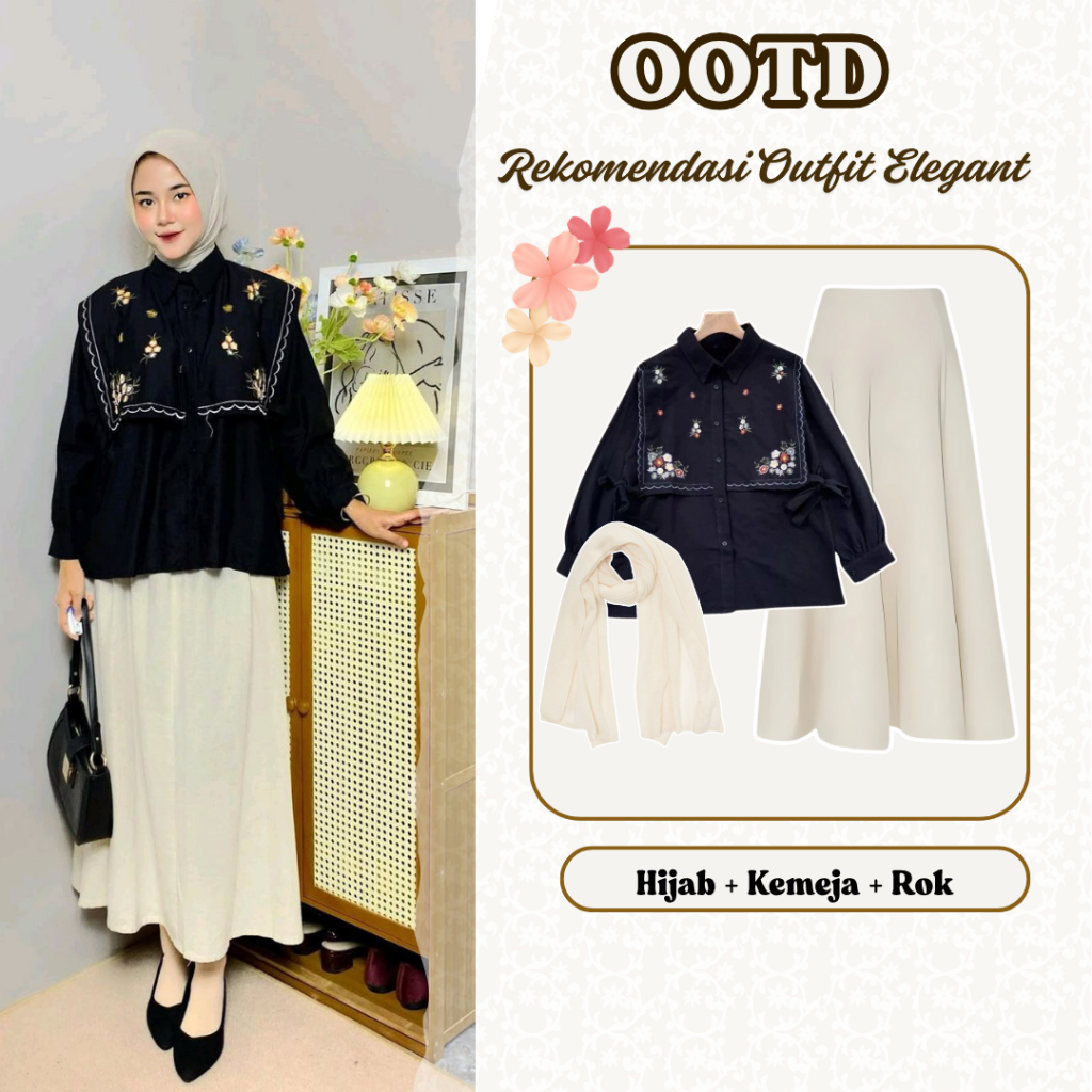 Setelan Rok Wanita Kekinian Outfit Kuliah Wanita Hijab ( Hijab + Kemeja Bordir + Rok Mayung ) L046