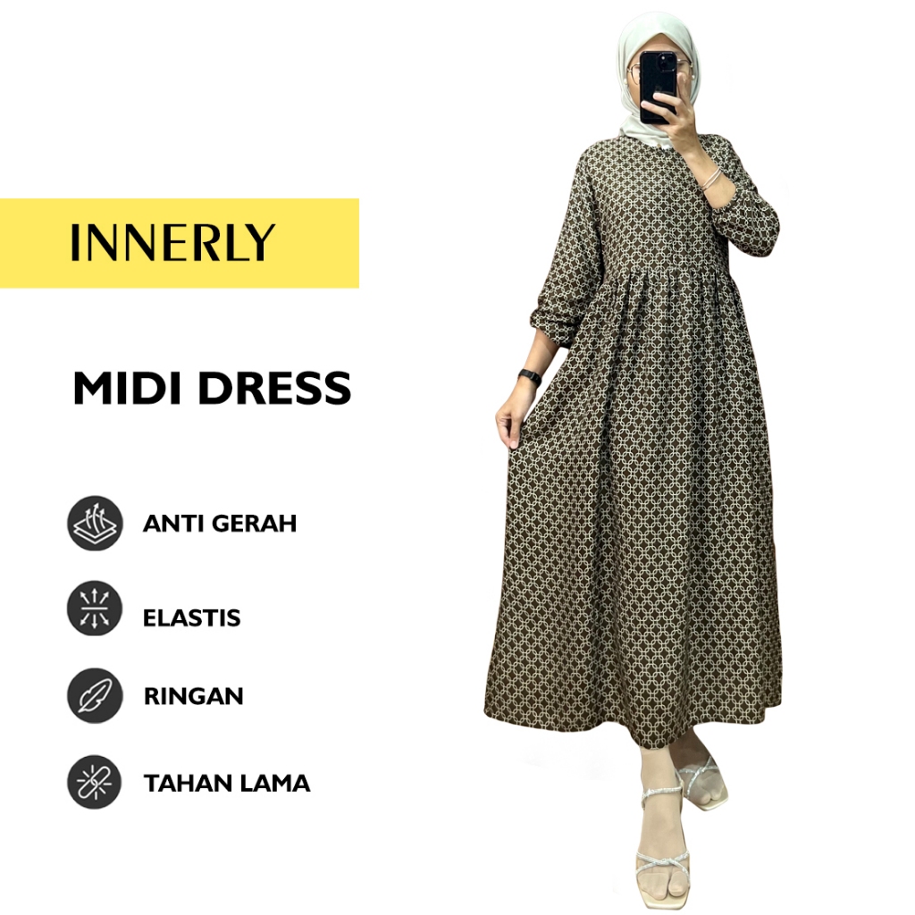 INNERLY Midi Dress Rayon Motif Busui Lengan Karet