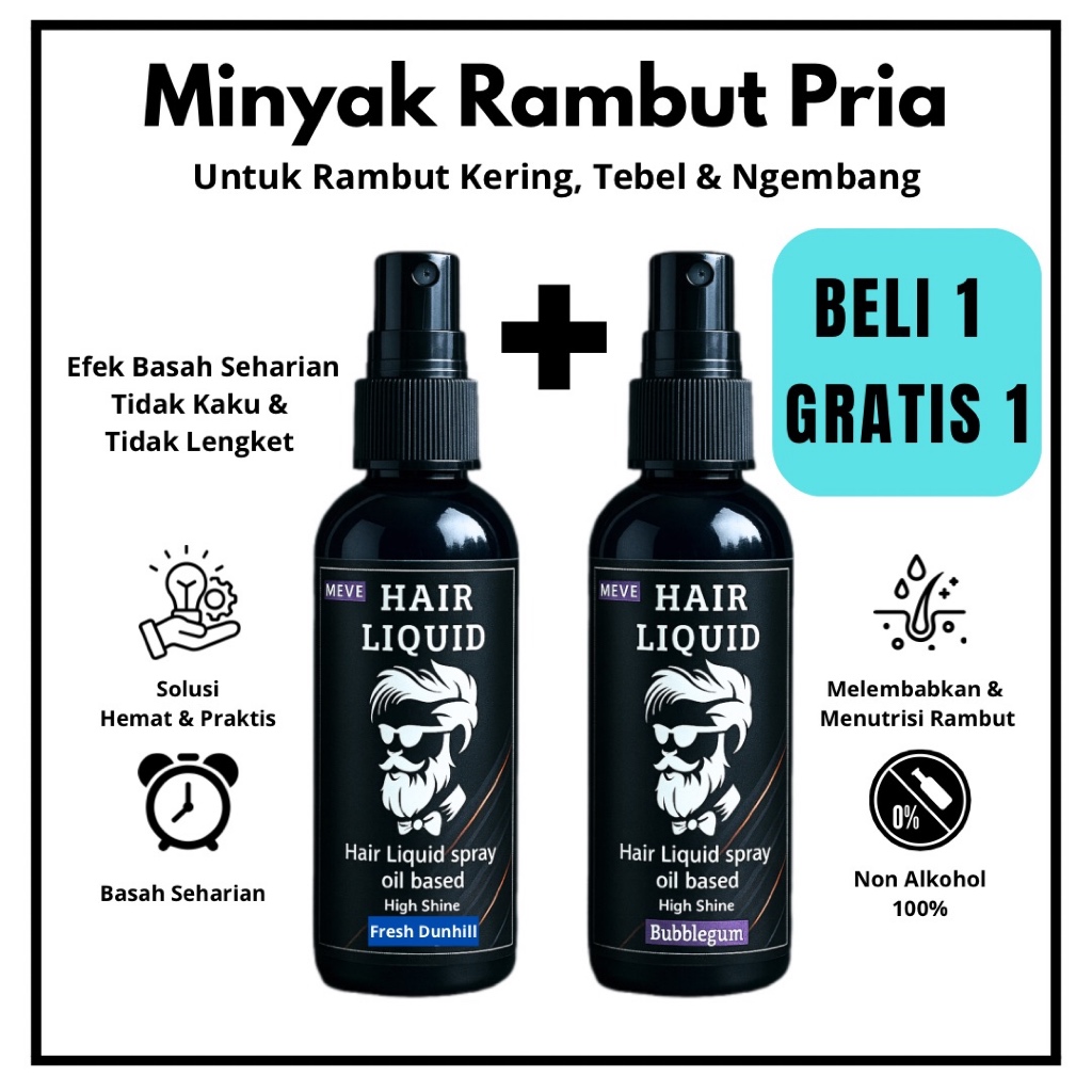 Minyak Rambut Pria MEV’E – BUY 1 GET 1 Series Hair Liquid Oil Based | Pomade Spray Pria Pomade Cair 