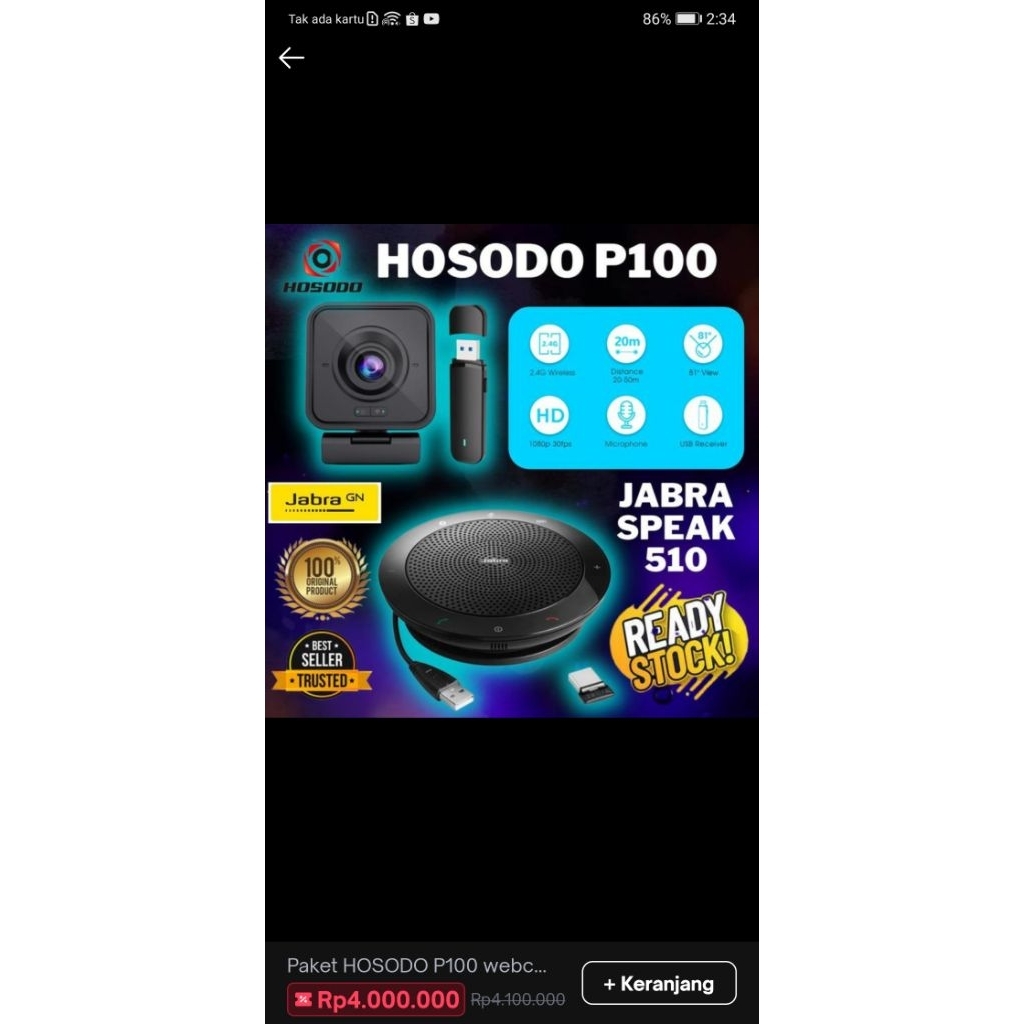 PAKET HOSODO P100 Webcam Wireless With JABRA SPEAK 510 MS SPEAKERPHONE