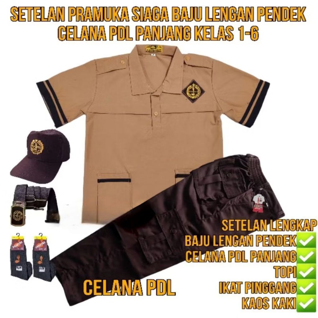Baju Seragam Pramuka lengkap Anak SD Pria Wanita | Setelan Seragam Baju Pramuka Siaga Lis Lengan Pen