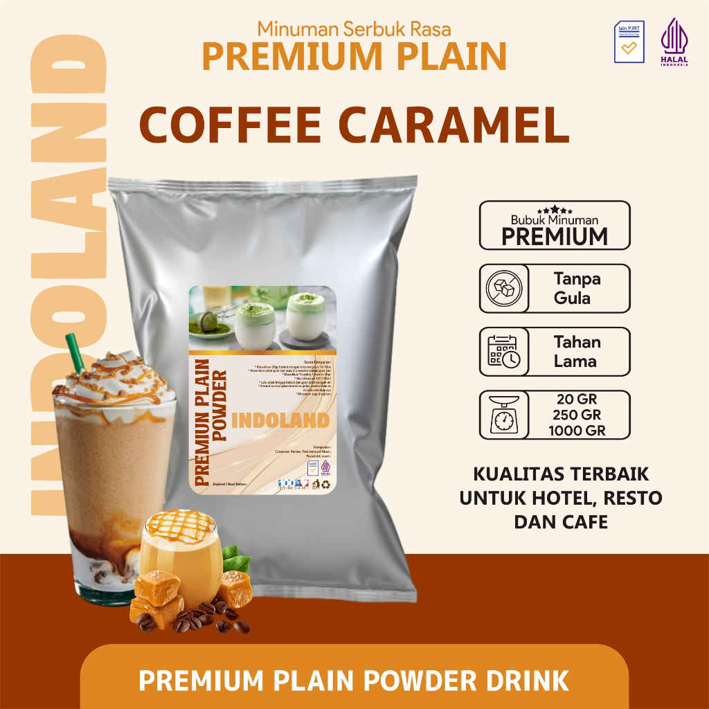 

Bubuk Minuman Plain Premium Tanpa Gula Rasa Coffee Caramel Plain Powder Drink No Sugar Coffee Caramel Indoland 250 gram / 1 kg
