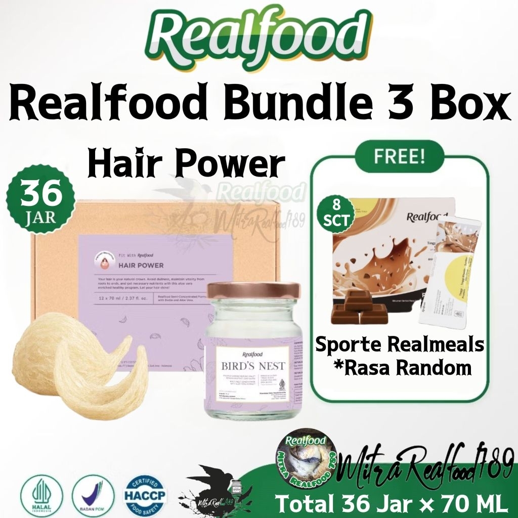 

Realfood Bundle Hair Power 36 Jar Bonus Realmeals 12 Sct ( Minuman Sarang Burung Walet )