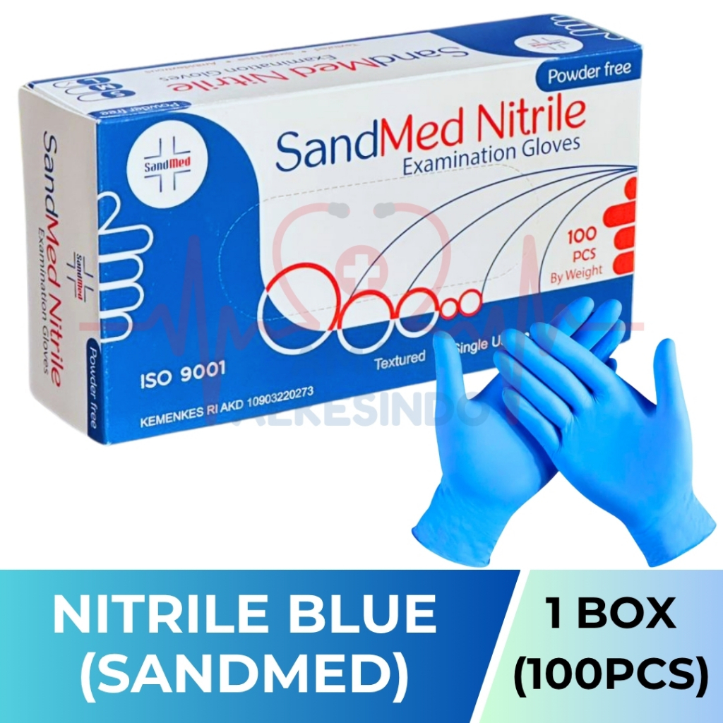 NITRILE SANDMED 100pcs Sarung Tangan Nitril Biru Non Powdered Blue Examination Gloves Karet Makanan 