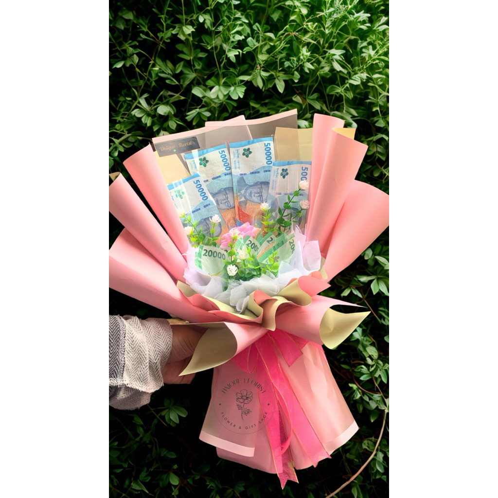 BOUQUET MONEY PINK MILKYWHITE SIZE M 10-20 LEMBAR | BUKET UANG CUSTOM | BUKET BUNGA TERMURAH BANDUNG