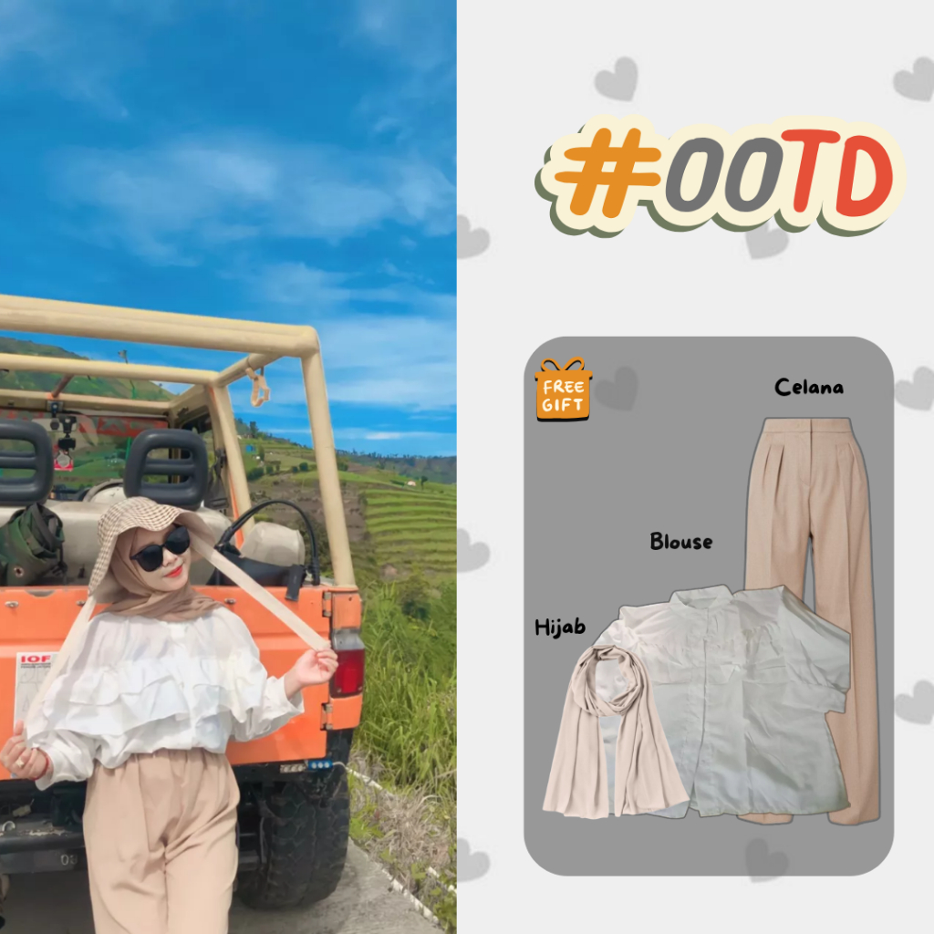 OOTD Remaja Kekinian One Set ( Blouse + Celana Crinkle + Pashmina ) One Set Wanita Korean RZ22