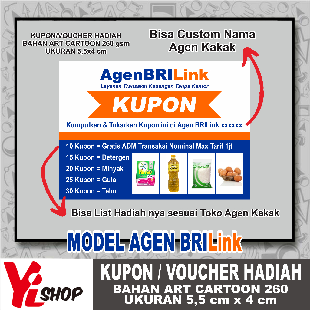 

KUPON / VOUCHER Agen BRILink uk 5,5x4 KUPON BRI Link / KUPON UNDIAN Bahan AC260 gsm