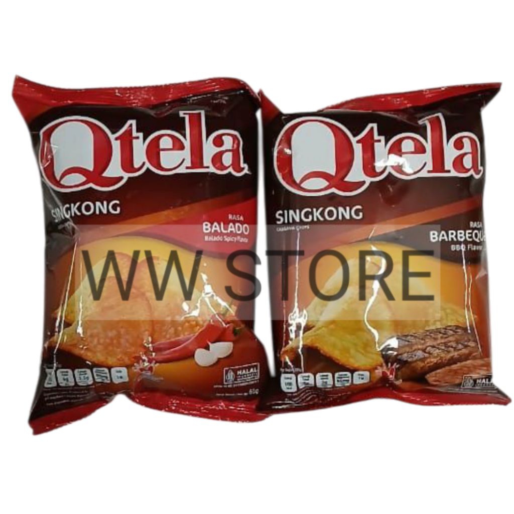 

Cemilan snek makanan ringan kripik keripik singkong rasa balado barbekiu barbekue Snack halal MUI Qtela Spicy BBQ Barbecue Barbeque Flavor Flavour CASSAVA CHIPS 60g