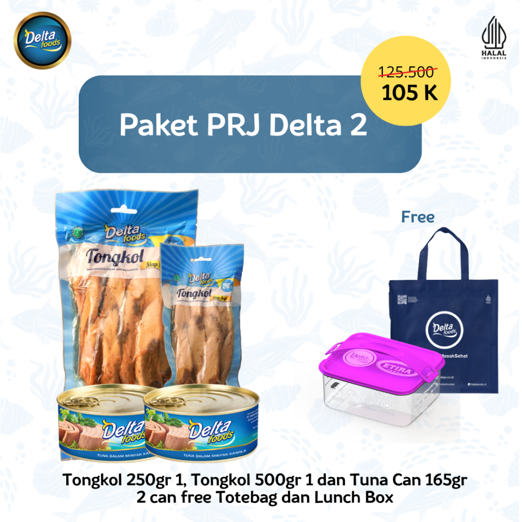 

Paket PRJ Delta 2 - Tongkol Kemasan 250gr 1 Pack 500gr 1 Pack dan 165gr 2 Can free Totebag Lunch Box