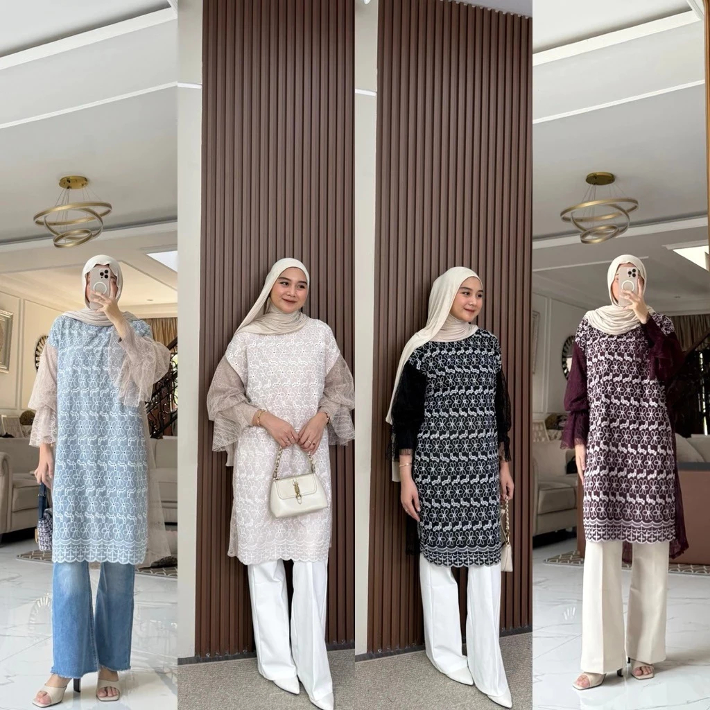 JULIA TUNIK 3 IN 1 OUTER BRUKAT+INNER SET CELANA/OUTER KONDANGAN BRUKAT TULLE CHANTILY/ATASAN BRUKAT