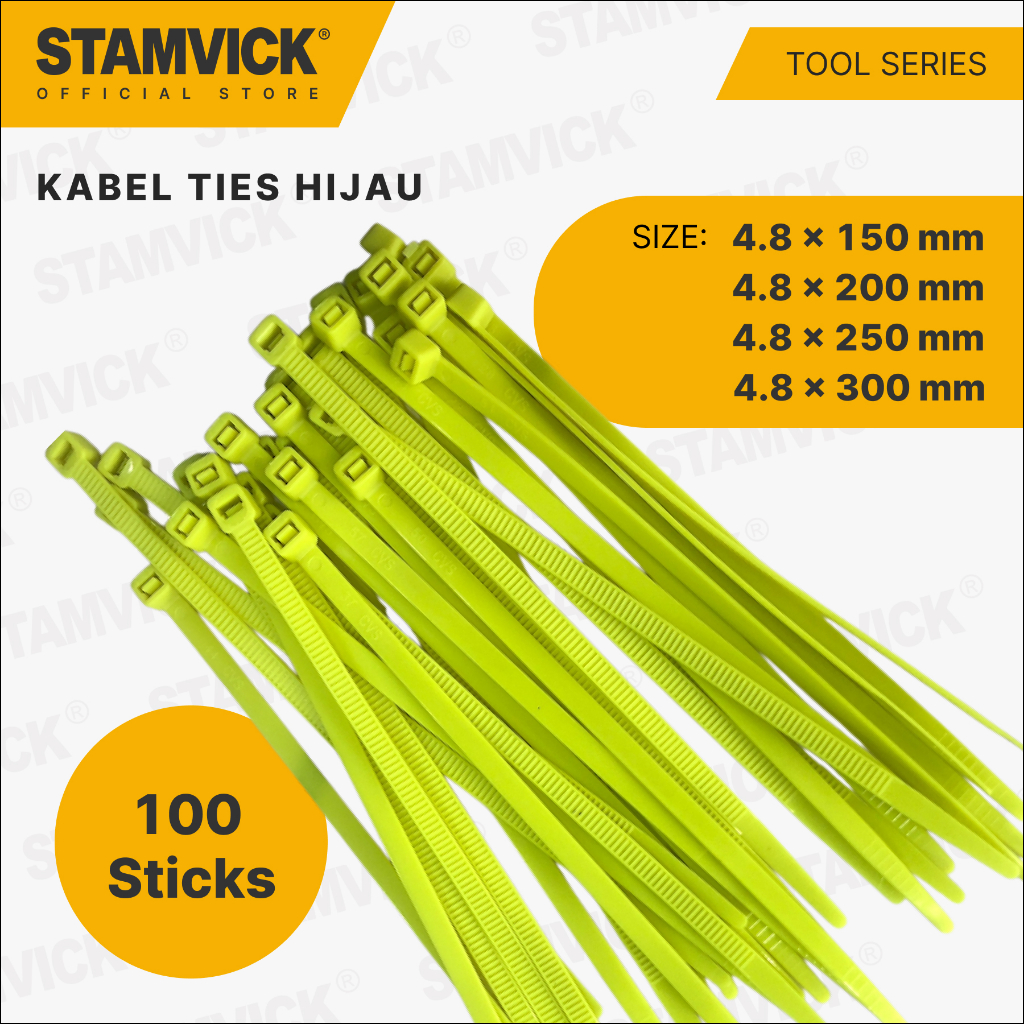 

Kabel Ties / Nylon Cable Ties Stamvick Isi 100 Pcs Ukuran 4.8 ( 150mm 200mm 250mm 300mm ) Hijau