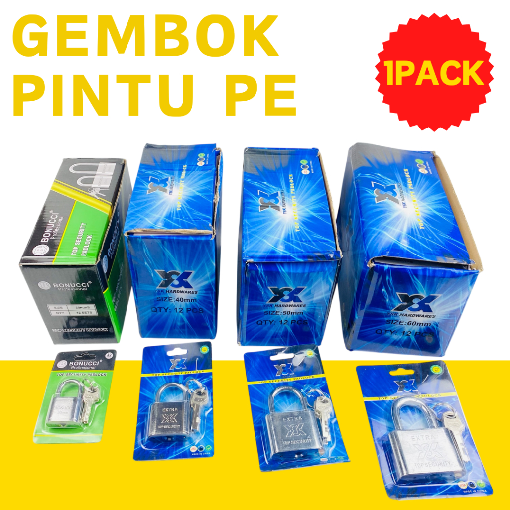 Gembok Stainless Chrome Pagar / Pintu Rumah Leher pendek 30 40 50 60mm 3 Anak Kunci Gembok 1 PACK/12