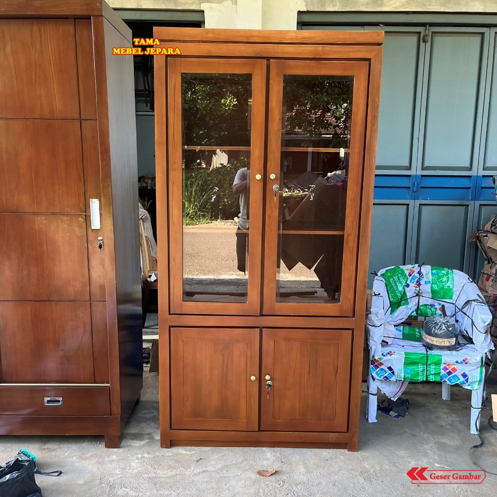Lemari Kaca Hias Kayu Jati - Lemari Display Pajangan Minimalis - Lemari Dapur - Lemari Ruang Tamu CO