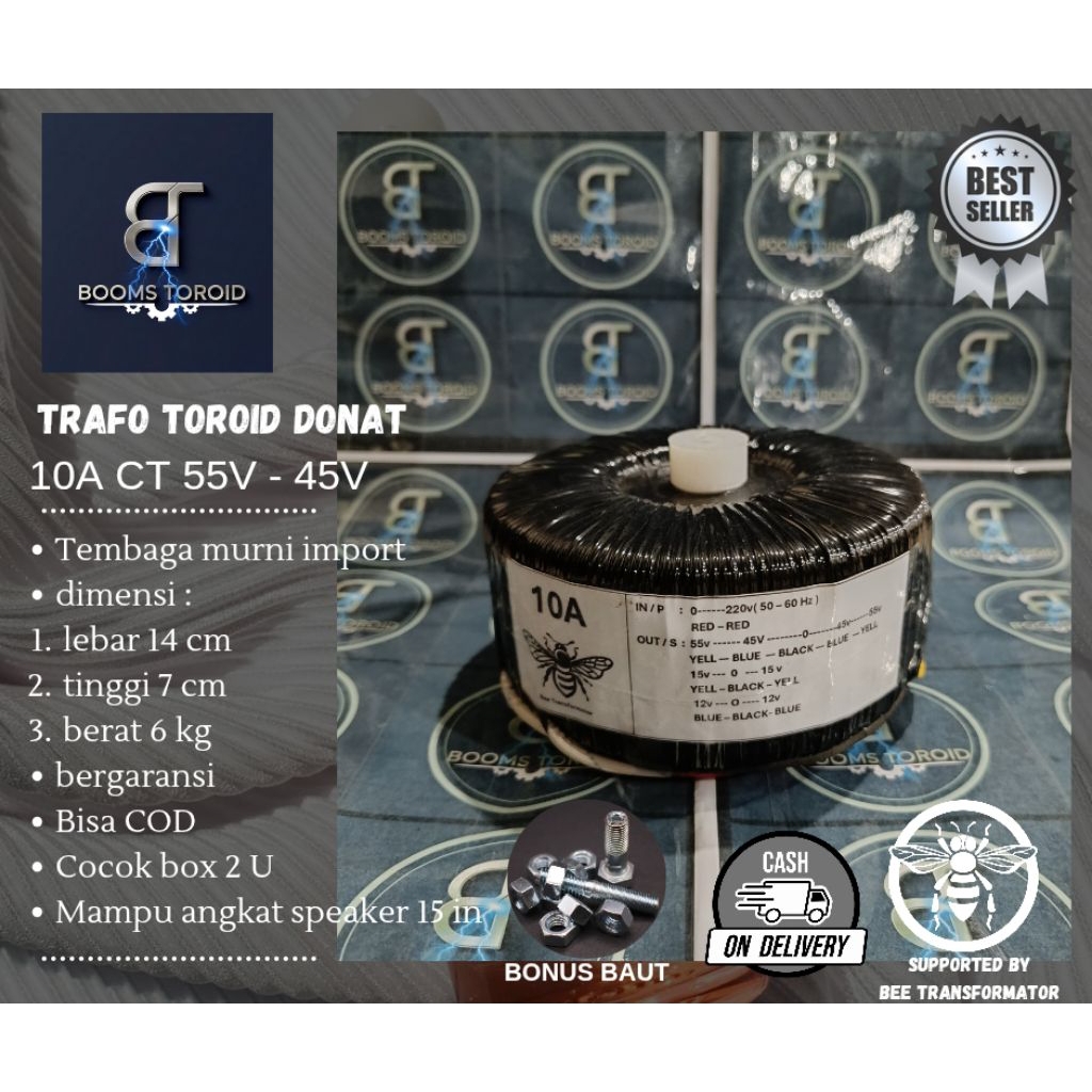 trafo toroid donat 10A CT 55V - 45V murni