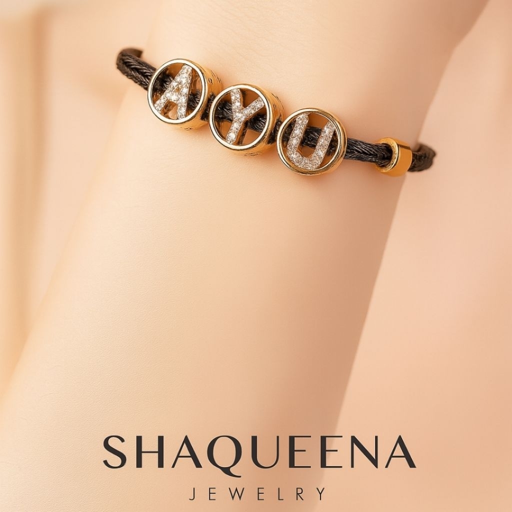 Gelang tali kawat wanita huruf inisial lapis emas