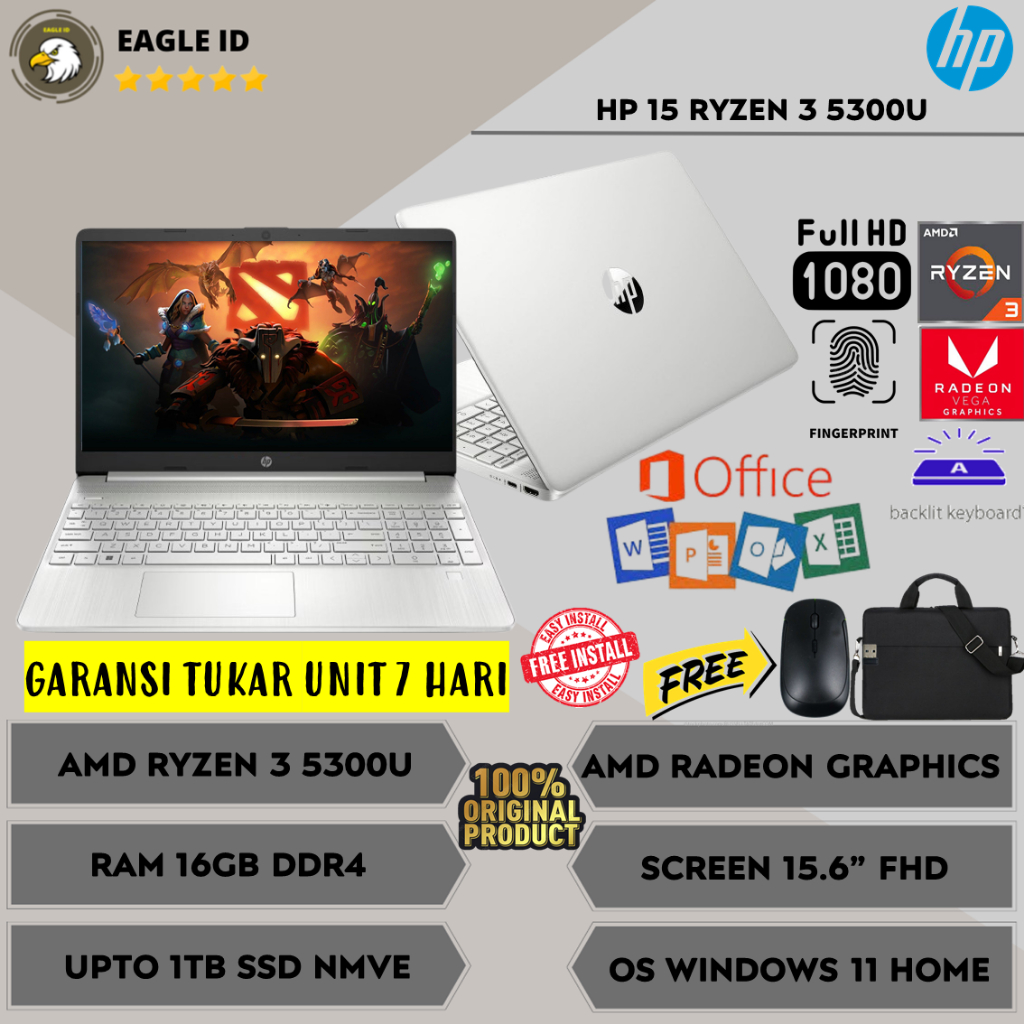 Laptop Gaming Murah HP 15 AMD Ryzen 3 5300U Ram 16GB 1TB SSD 15.6'' FHD Fingerprint Windows 11 Origi