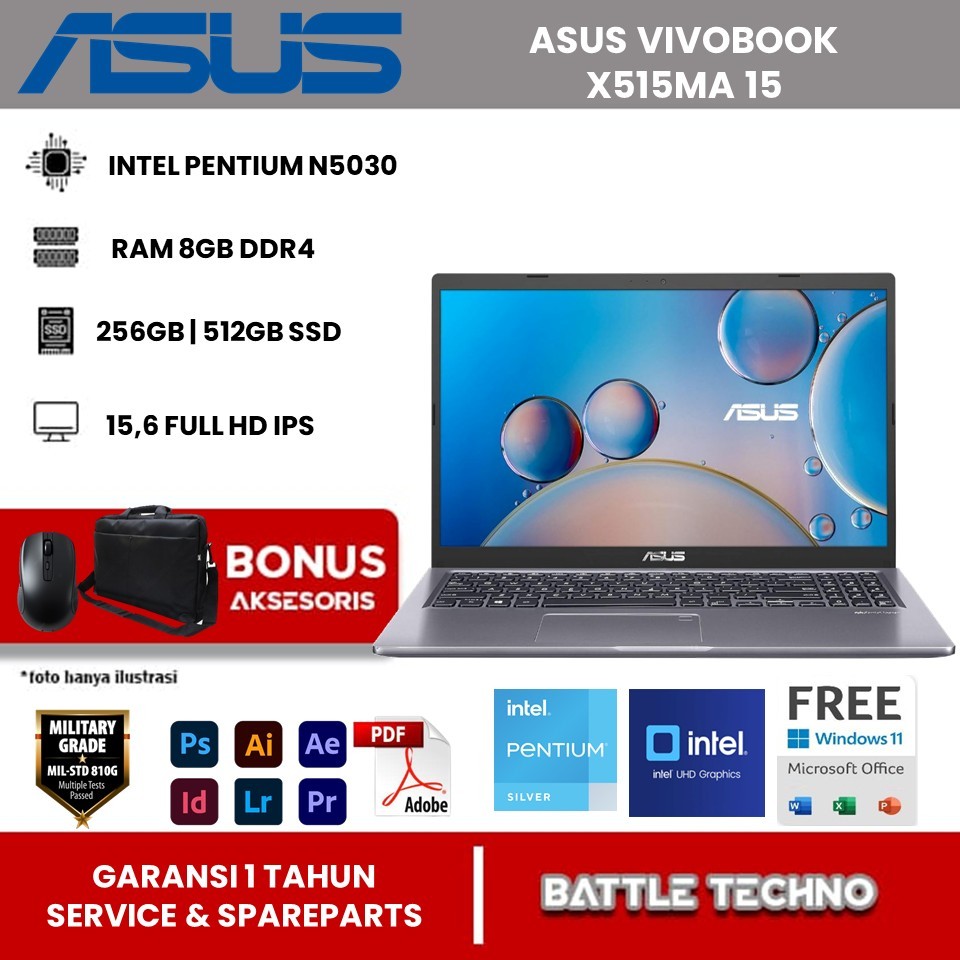 LAPTOP SLIM DESAIN TERBARU ASUS VIVOBOOK X515MA Pentium Silver N5030 Ram 8GB SSD 512GB 15,6 FHD W11