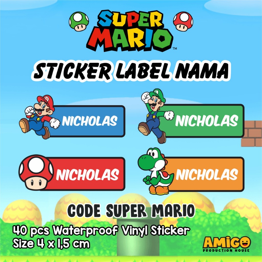 

Stiker Label Nama Super Mario Waterproof Sticker ATK Custom Nama Anti Air