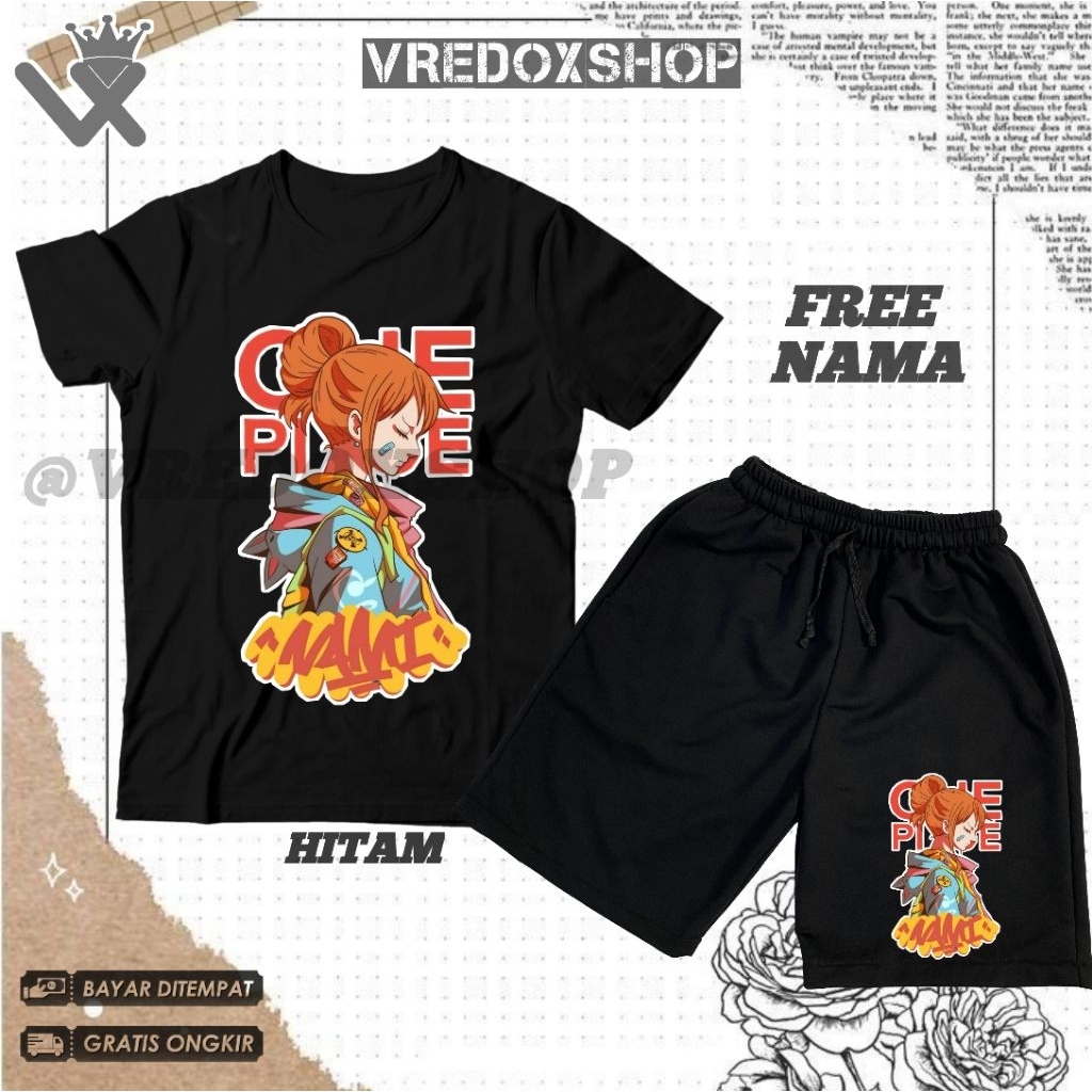 Setelan Kaos Celana Pendek Anak Motif Nami One Piece / Baju Anime One Piece Nami Straw Hat Pirates /