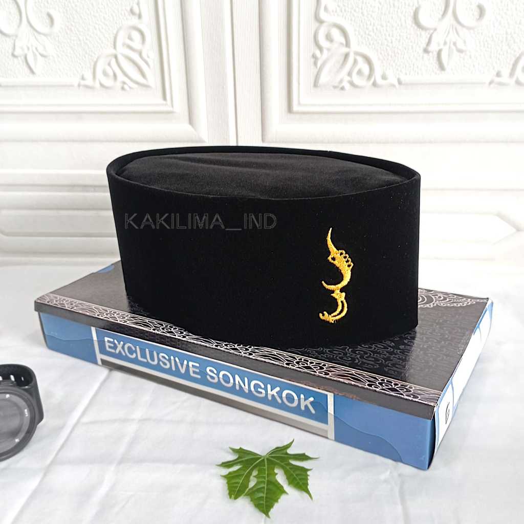 ORIGINALL Peci Kopiah Songkok Polos Hitam Motif Logo Kujang Gold Emas Tinggi 9 bahan bludru Murah Be