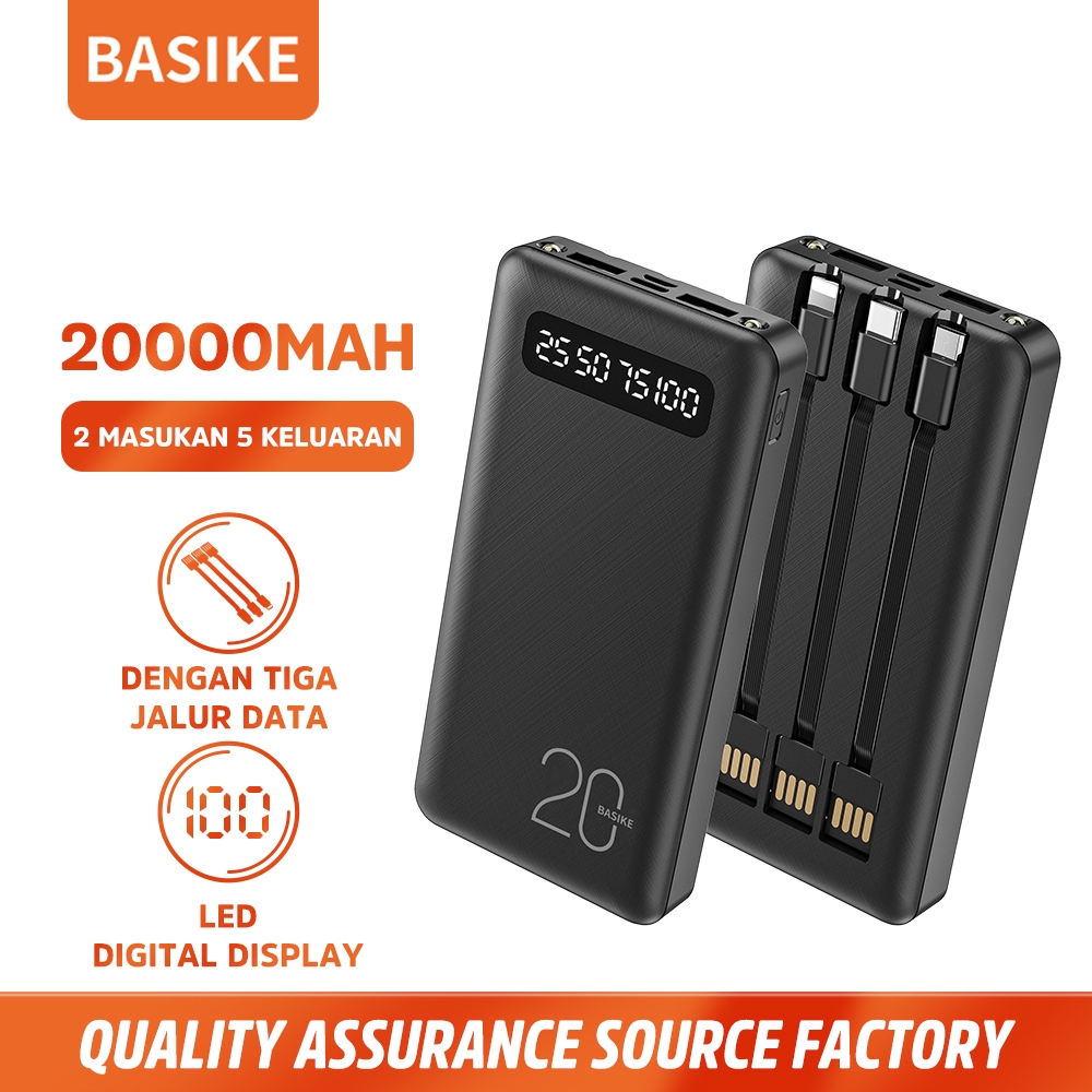 BASIKE Powerbank 20000 mAh Fast Charging Mini Murah with Kabel Data Type C Micro USB Lightning asli