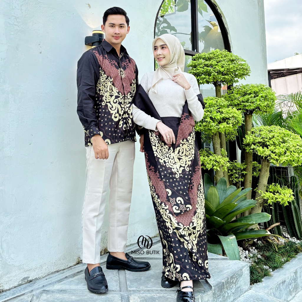 MISO BUTIK - Kemeja Pria Lengan Panjang Mix Bawahan Batik Wanita Free Selendang NIRWANA Baju Couple 
