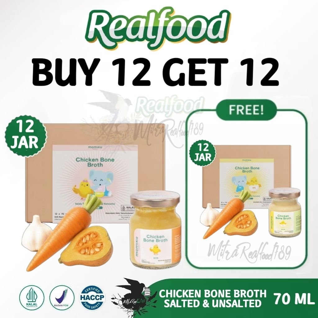 

Realfood Momiku Chicken Bone Broth Salted & Unsalted ( Minuman Mpasi Kaldu Tulang Ayam )