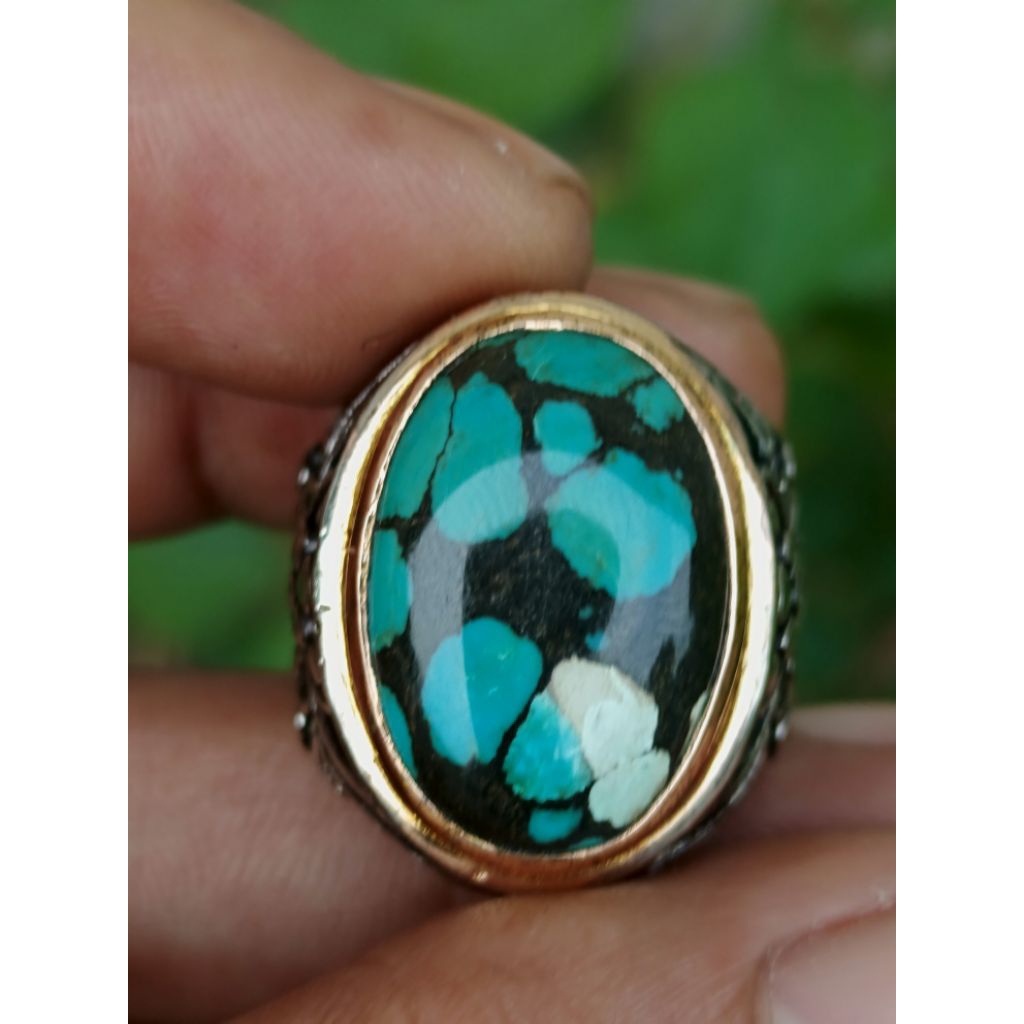 Batu Natural Pirus Hubei Toska Hijau Solid Bodyglass Matrik Ceplok Kura Kontras Jelas Dim-21 Ring Ke