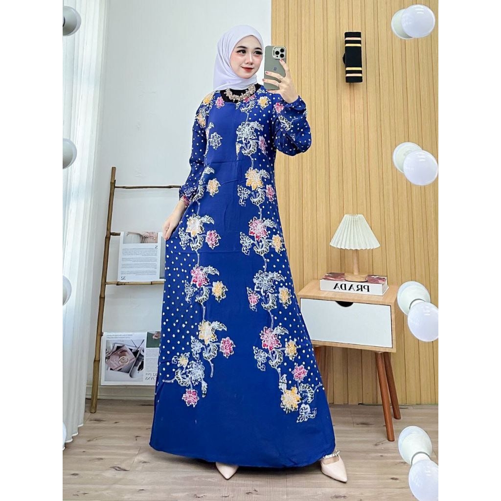 Gamis Batik Encim Adem Nyaman Panjang Muslimah-Biru Titik