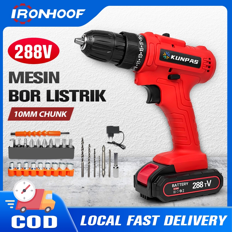 Kunpas Mesin Bor Listrik 288V Cordless Impact Bor Baterai bor beton Bor case Bor Impact Baterai