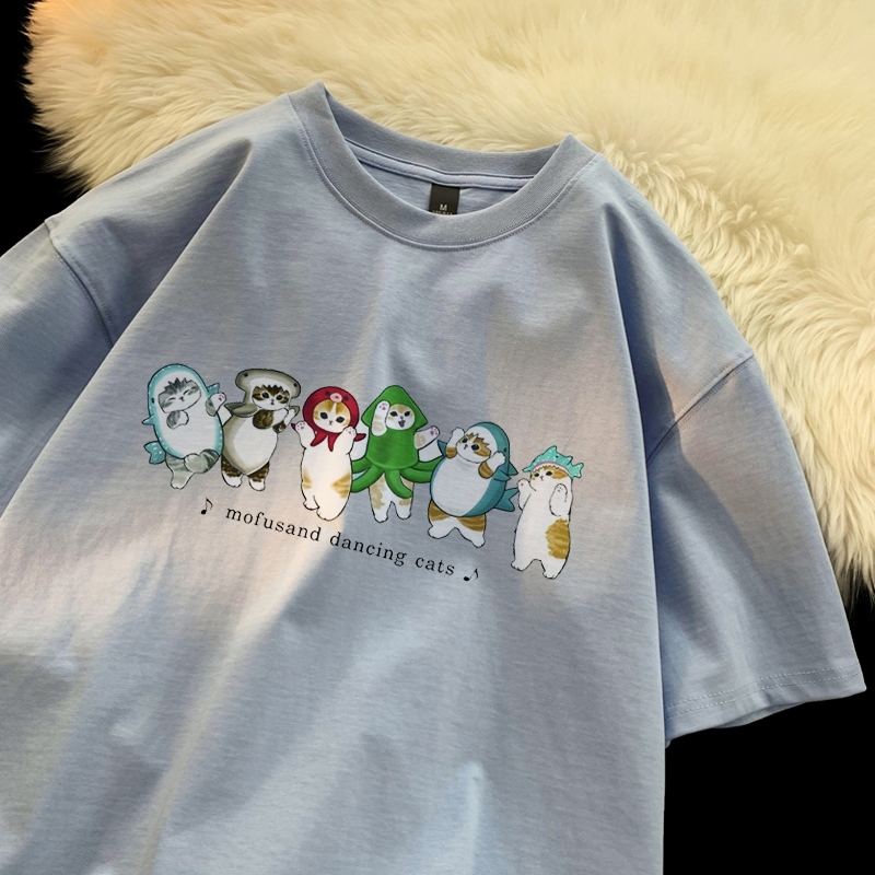 yiaofashion - Oversize Kaos Mofusand Kucing Menari Atasan Wanita Lingkar Leher Bulat Korea T Shirt