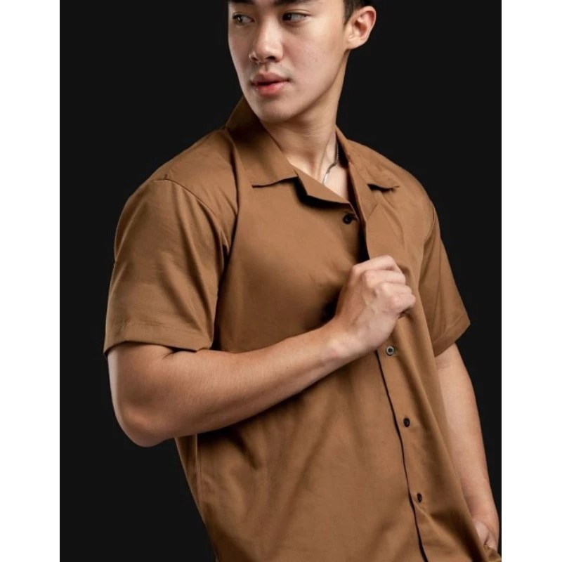 Kemeja Baju Pantai Pria Korean Style Hawai Polos Hitam Putih Navy Maroon Abu-abu Katun Rayon