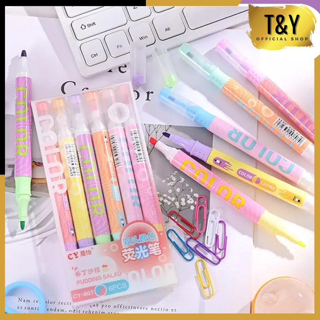 

T&Y Highlighter Pastel 2 Sisi Isi 6pcs 12 Warna Spidol Pen Marker Stabilo Penanda Teks Ujung 2 Tip Serbaguna Set Alat Tulis Sekolah ATK