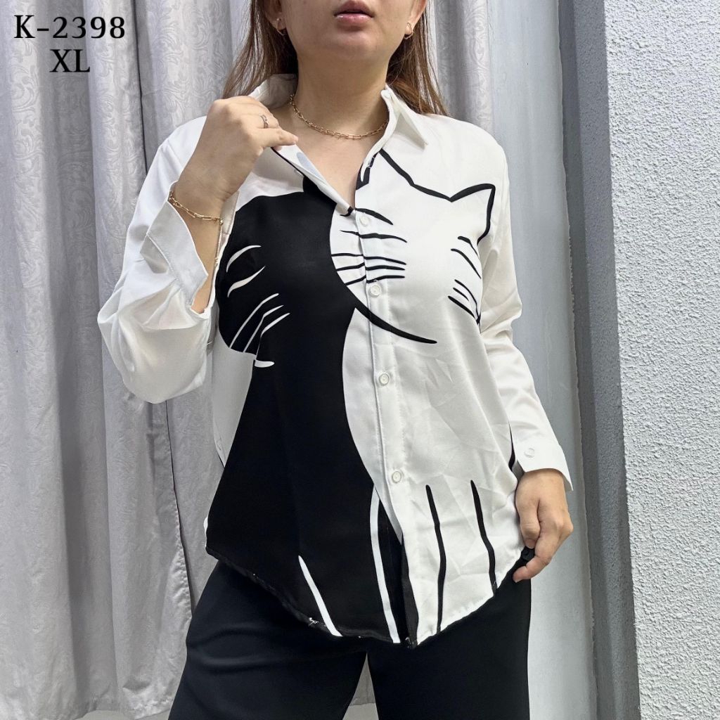 kemeja wanita import motif kucing size Xl dan XXL