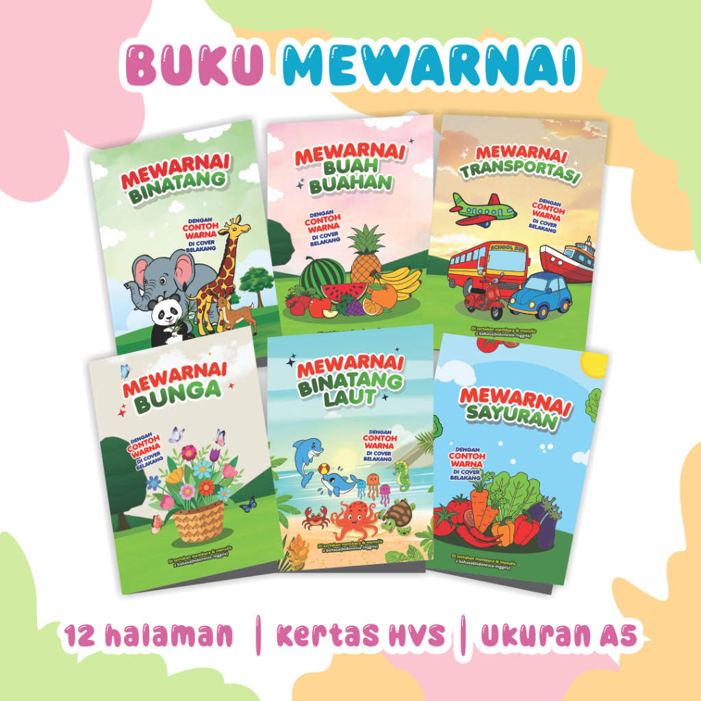 

Paket 6 Buku Aktifitas Mewarnai Anak Paud TK Dengan Contoh Warna Bilingual Edukasi Membaca Menulis HVS Putih Ada Contoh Warna