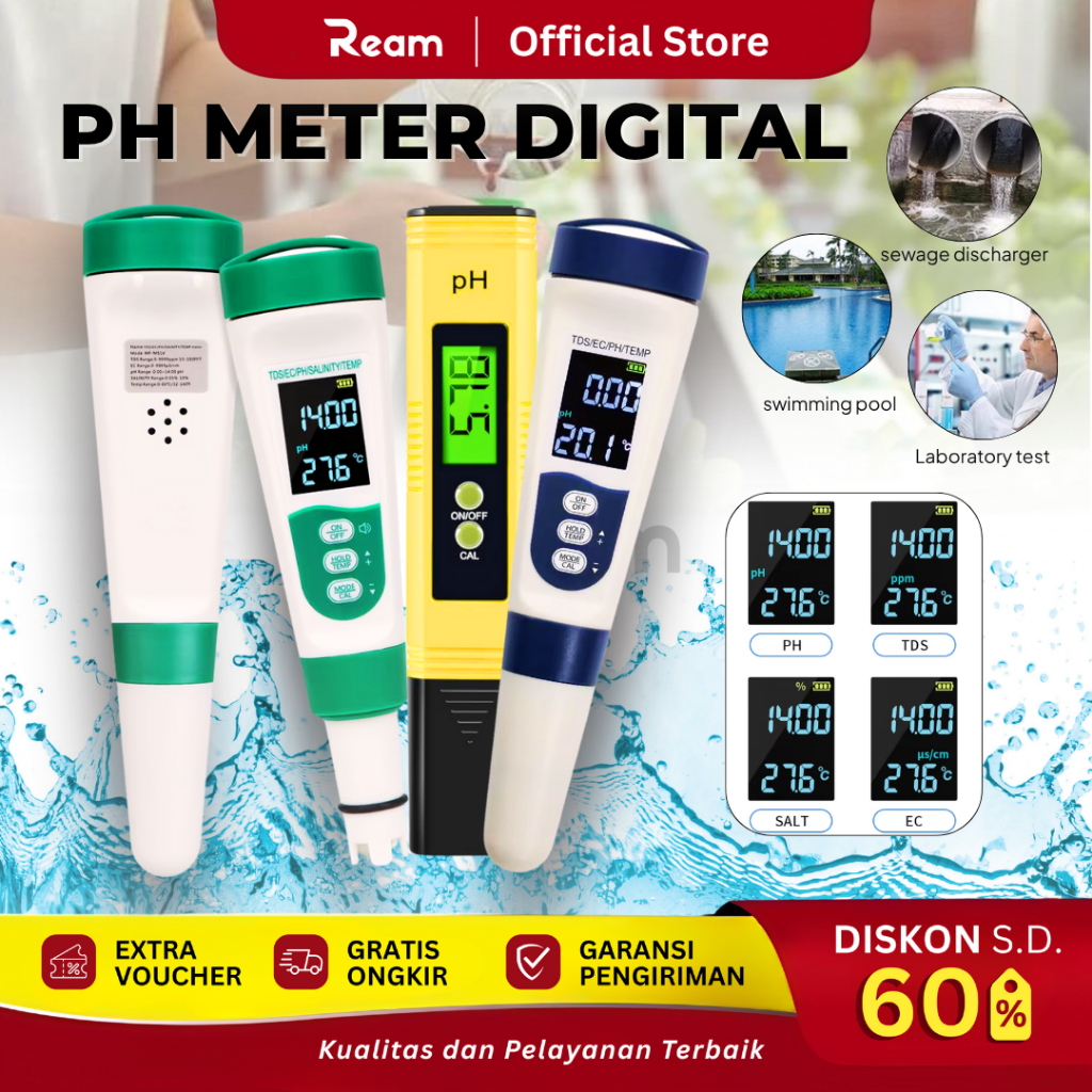 REAM PH TDS Alat Ukur Kualitas Air Digital Hidroponik Akuarium Suhu