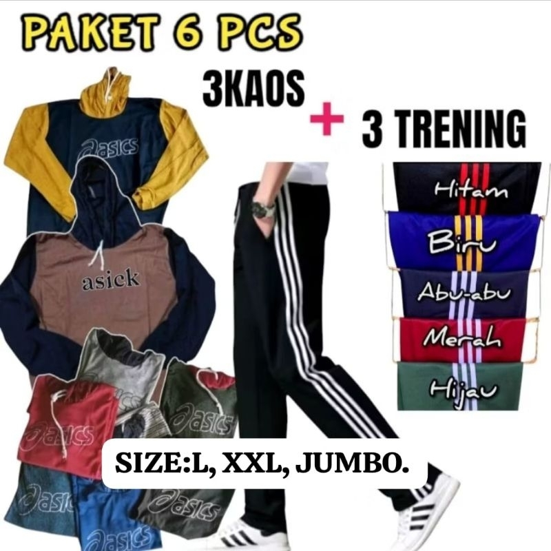 PAKET 6 PCS Kaos Kupluk Lengan Panjang + Training Panjang  Kaos Basahan Kerja  Kaos sawah lengan pan