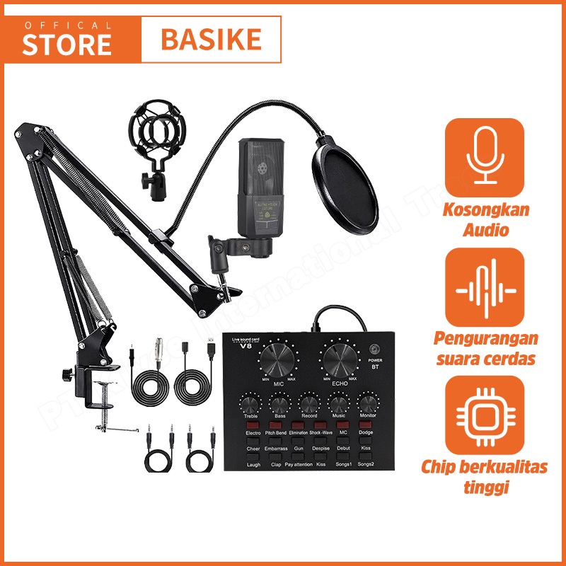 BASIKE Soundcard Mixer Audio Sound Card Mikrofon Kondensor Stand Set for Komputer Ponsel Laptop