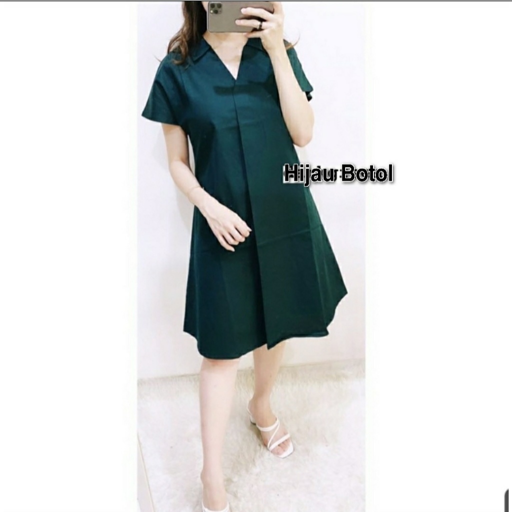 GF Dress Wanita Casual A-Line Mini Dress Kerah V-Neck lipat Lengan Pendek #4106